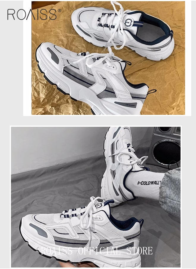Breathable Mesh Chunky Sneakers for Men Casual Versatile Outdoor Running Shoes Mens Stylish Lace up Low Top Sport Shoe White