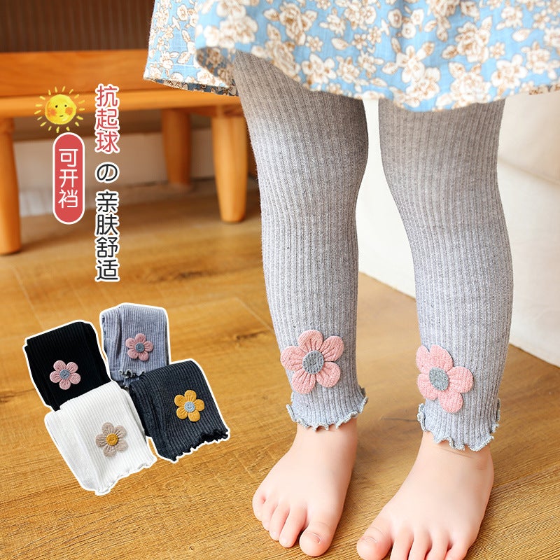 New Fine Vertical Striped Sunflower Ear Edge Children'S Nine-Point Pants Open-File Baby Girl Leggings - Image 3