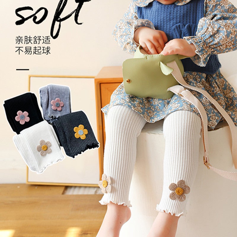 New Fine Vertical Striped Sunflower Ear Edge Children'S Nine-Point Pants Open-File Baby Girl Leggings - Image 2