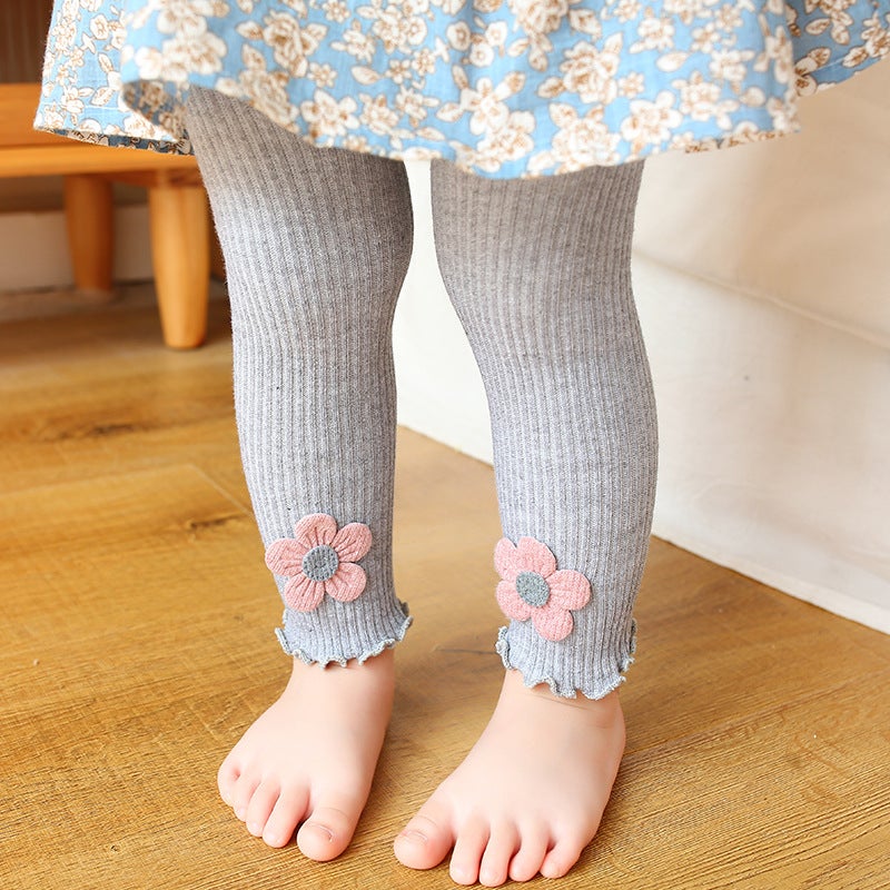 New Fine Vertical Striped Sunflower Ear Edge Children'S Nine-Point Pants Open-File Baby Girl Leggings - Image 1