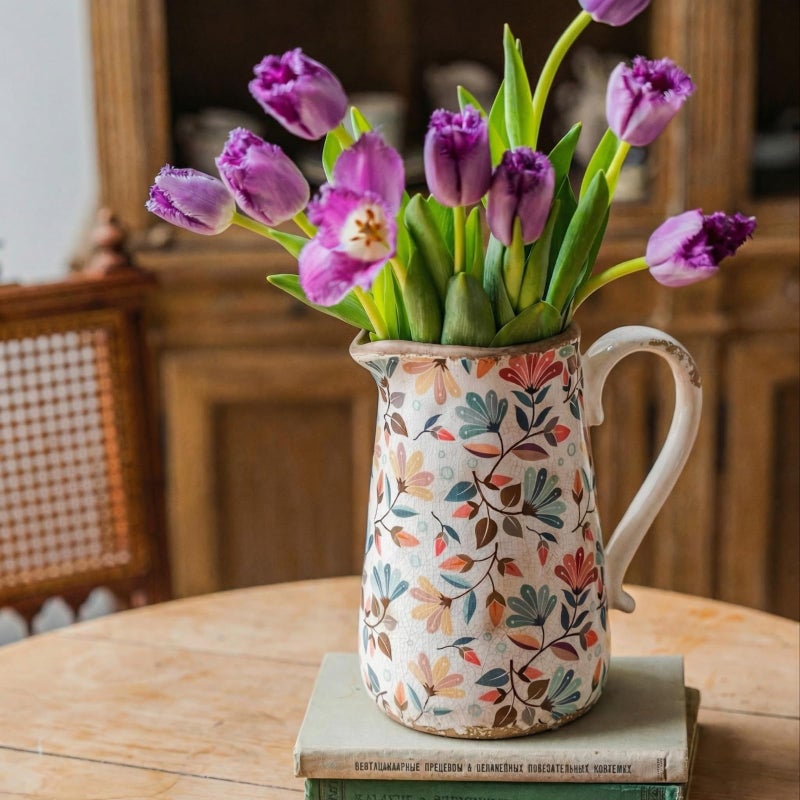 Teweiqi Vintage Colorful Flower Ceramic Vase with Handle, Retro Ice Glazed Crack Farmhouse Pitcher Vase for Home Decor, Living Room, Shelf, Office, Rustic Table Centerpiece 9 Inch - Image 1