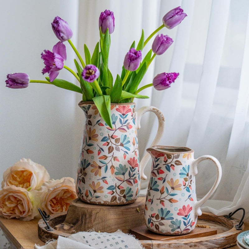 Teweiqi Vintage Colorful Flower Ceramic Vase with Handle, Retro Ice Glazed Crack Farmhouse Pitcher Vase for Home Decor, Living Room, Shelf, Office, Rustic Table Centerpiece 9 Inch - Image 5