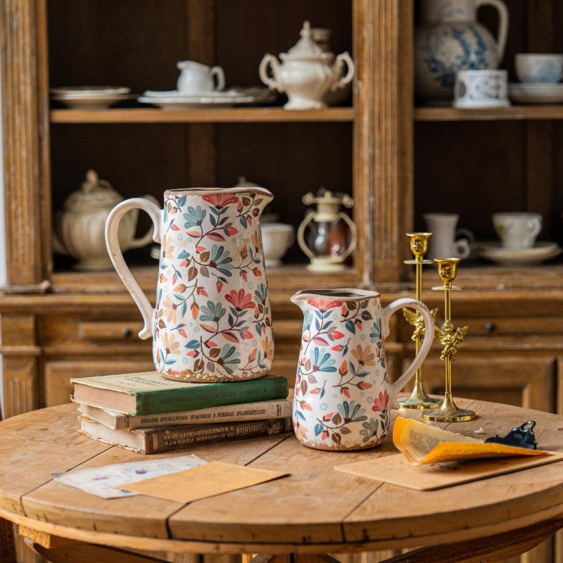 Teweiqi Vintage Colorful Flower Ceramic Vase with Handle, Retro Ice Glazed Crack Farmhouse Pitcher Vase for Home Decor, Living Room, Shelf, Office, Rustic Table Centerpiece 9 Inch - Image 4