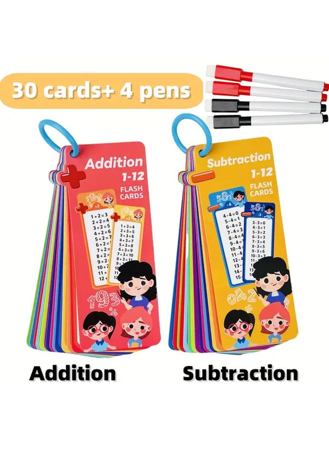 Math Learning Flashcards Addition Subtraction 30 Cards 4 Pens Educational Tool - Image 1