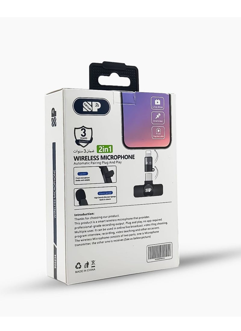 أس بي ميكروفون لافالير لاسلكي بمنفذ Type C + iPhoneأسود  - Image 4