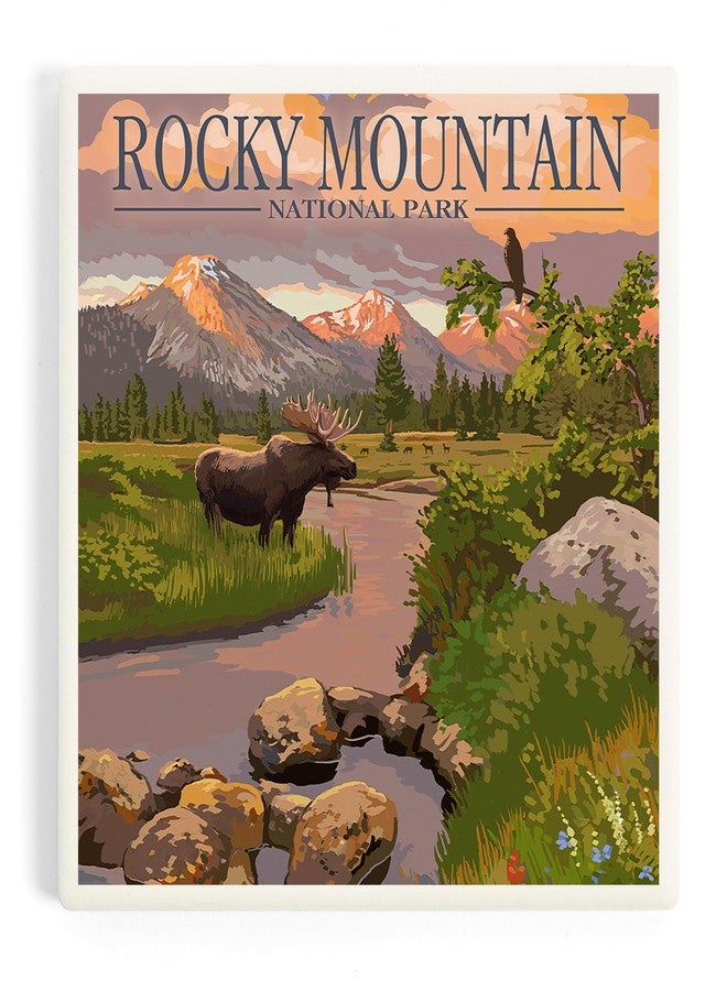 Lantern Press Rocky Mountain National Park, Colorado, Moose and Meadow (Absorbent Ceramic Coaster, Single, Cork Back, Kitchen Table Decor) - Image 1