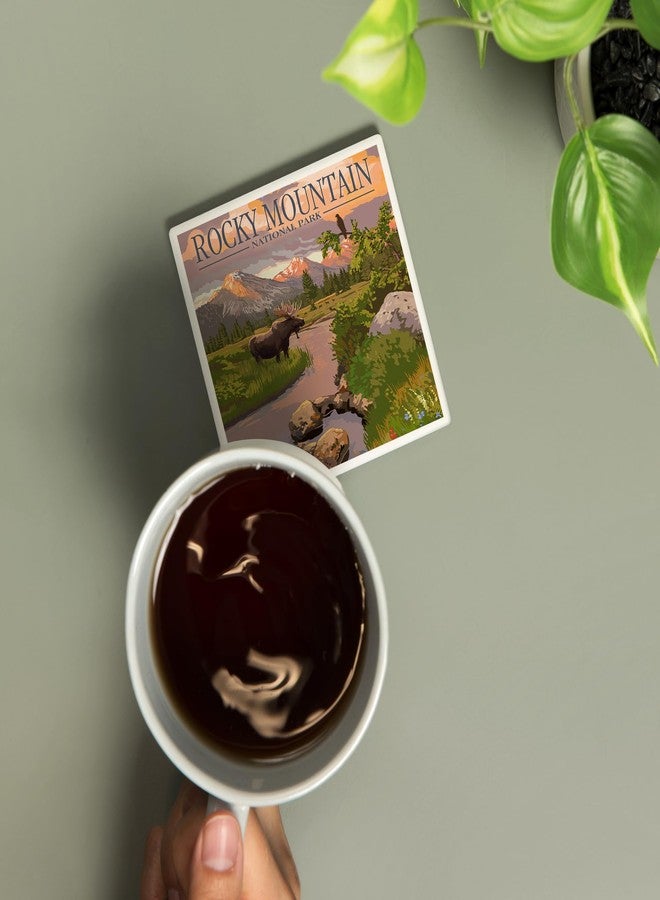 Lantern Press Rocky Mountain National Park, Colorado, Moose and Meadow (Absorbent Ceramic Coaster, Single, Cork Back, Kitchen Table Decor) - Image 2