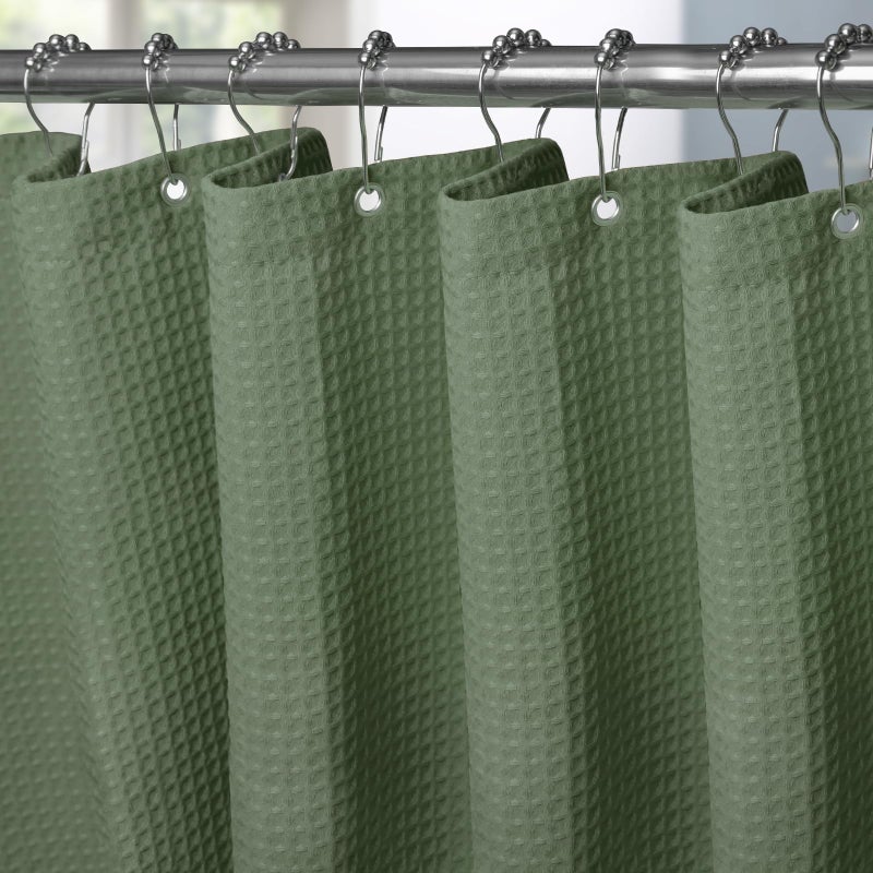 VANZAVANZU Shower Curtain for Bathroom with Metal Hooks Waffle Fabric Shower Curtain Heavy Duty Bath Curtain for Wet Room Bathtub Shower Stall Weighted Hem Water Resistant  182 x 214cm Green