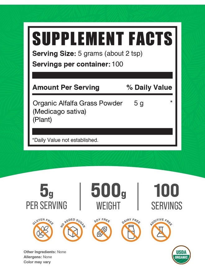BulkSupplements.com Organic Alfalfa Grass Powder - Alfalfa Supplement, Green Superfood Powder, Alfalfa Powder Organic - Vegan & Gluten Free, 5g per Serving, 500g (1.1 lbs) (Pack of 1) - Image 2