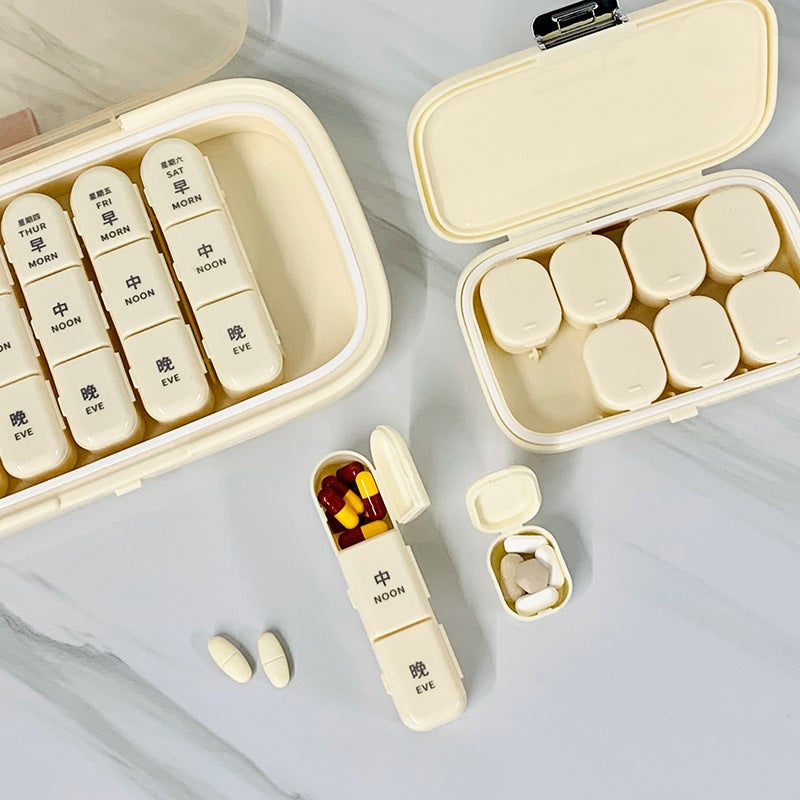 Medicine box portable three meals a day carry-on medicine sub-packaging box seven days a week medicine sealed box large capacity medicine dispenser(Small Milk White) - Image 5