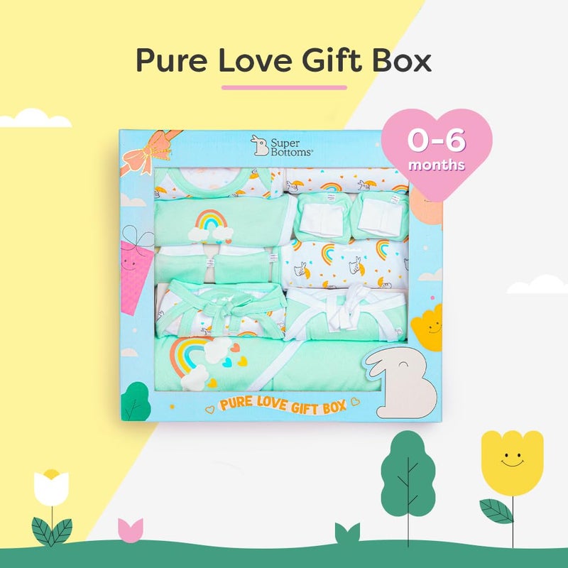 Superbottoms هدايا المواليد الجدد - 11 قطعة | منتجات الأطفال من 0-6 أشهر مجموعة جديدة تمامًا | مجموعة هدايا ملابس قطنية للأطفال - لانغوت، رومبر، لفافة، قماش غسيل، قبعة، قفازات، مريلة، حذاء. - Image 4
