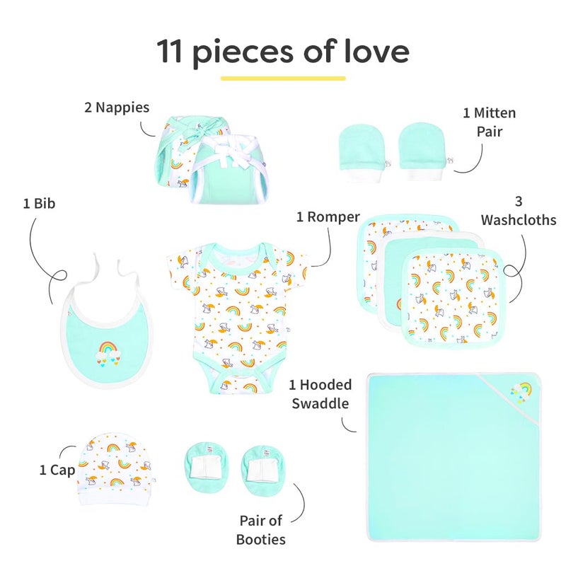 Superbottoms هدايا المواليد الجدد - 11 قطعة | منتجات الأطفال من 0-6 أشهر مجموعة جديدة تمامًا | مجموعة هدايا ملابس قطنية للأطفال - لانغوت، رومبر، لفافة، قماش غسيل، قبعة، قفازات، مريلة، حذاء. - Image 5