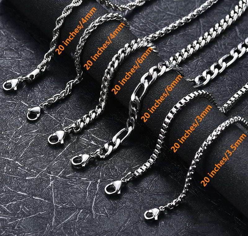 OLARCU 6 Pcs Silver Chains, Stainless Steel Cuban Link/Rope/Box/Figaro/Square Rolo/Wheat Chain Necklace Jewelry Set for Women Men, 20 inches - Image 2