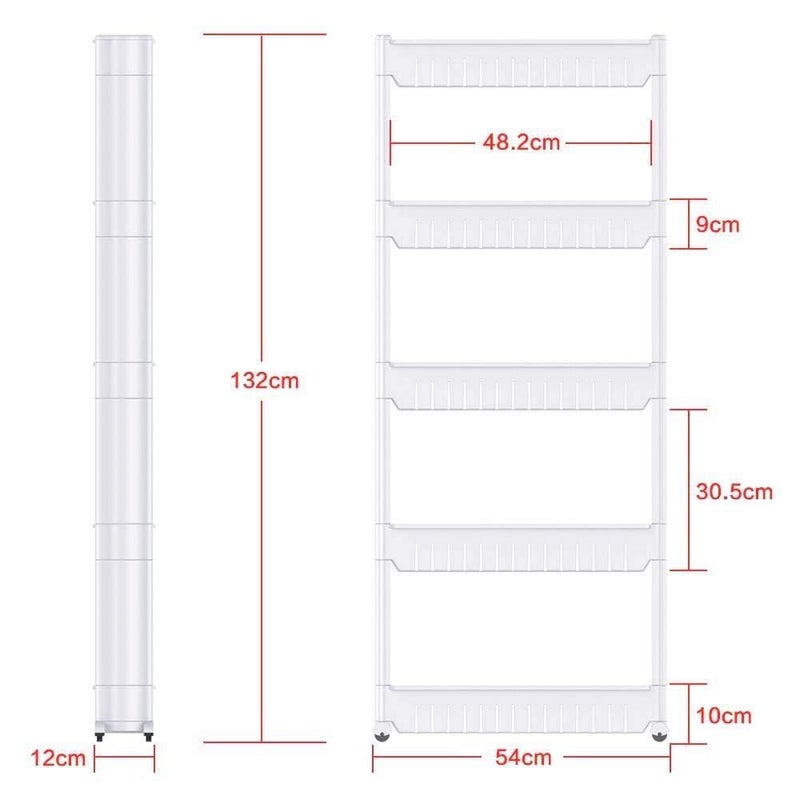 Dweezhet 5 Layer Multipurpose Plastic Storage Organizer Slim Rack Shelf with Wheels Slim Slide Out Kitchen Trolley Rack Holder Storage Organizer for Kitchen Bathroom White - Image 2
