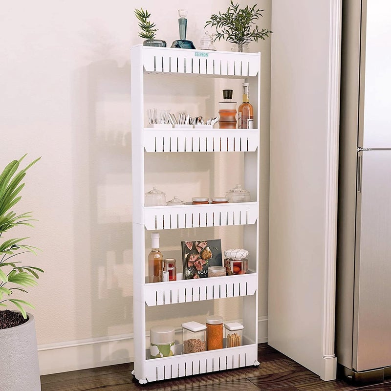 Dweezhet 5 Layer Multipurpose Plastic Storage Organizer Slim Rack Shelf with Wheels Slim Slide Out Kitchen Trolley Rack Holder Storage Organizer for Kitchen Bathroom White - Image 1