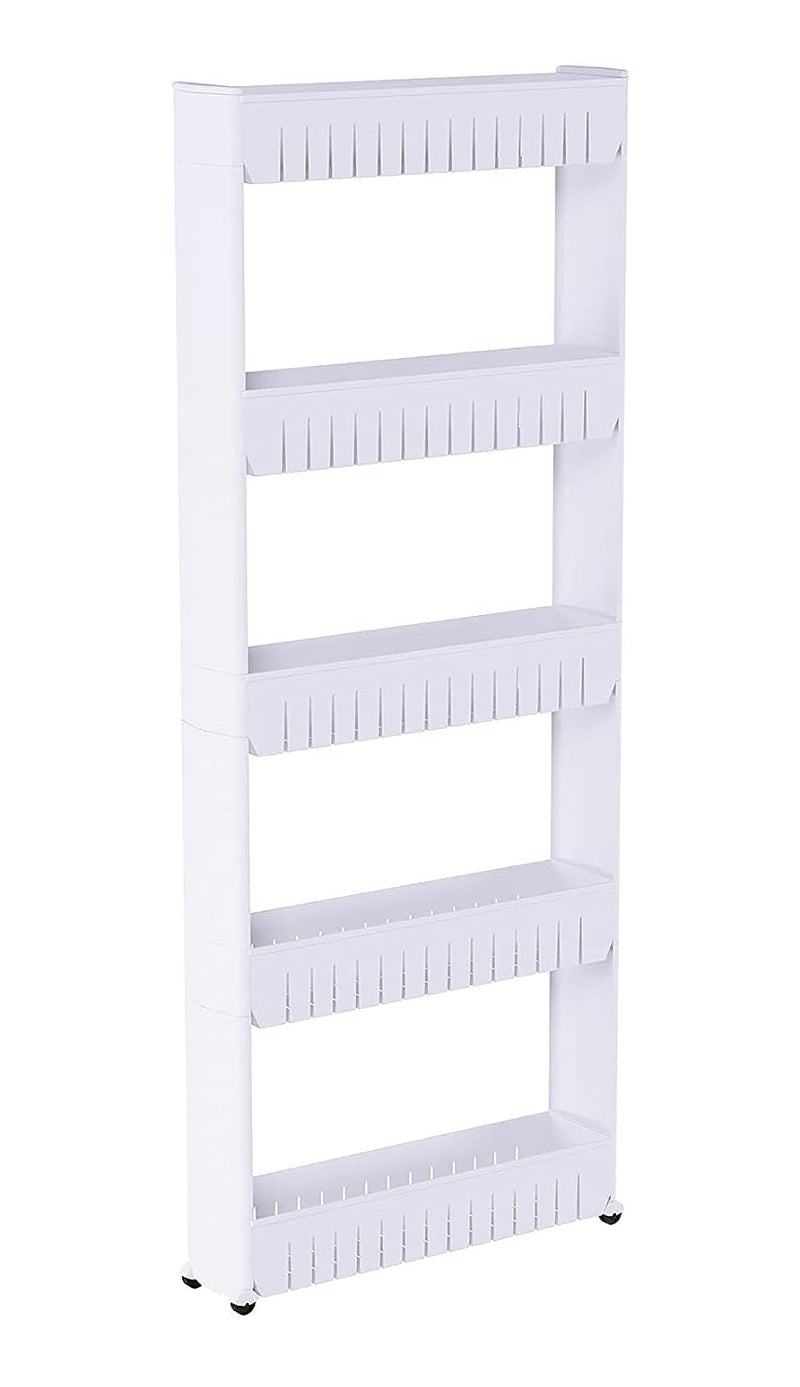Dweezhet 5 Layer Multipurpose Plastic Storage Organizer Slim Rack Shelf with Wheels Slim Slide Out Kitchen Trolley Rack Holder Storage Organizer for Kitchen Bathroom White - Image 3