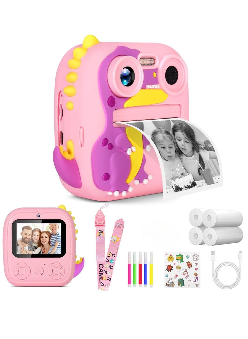XiuWoo Children's Camera Instant Camera, HD 1080P with 4 Rolls of Printing Paper Lanyards and Bracelets, 2.4 Inch Screen Dual Lens Children's Camera Selfie Digital Camera,Pink Dinosaur - Image 1