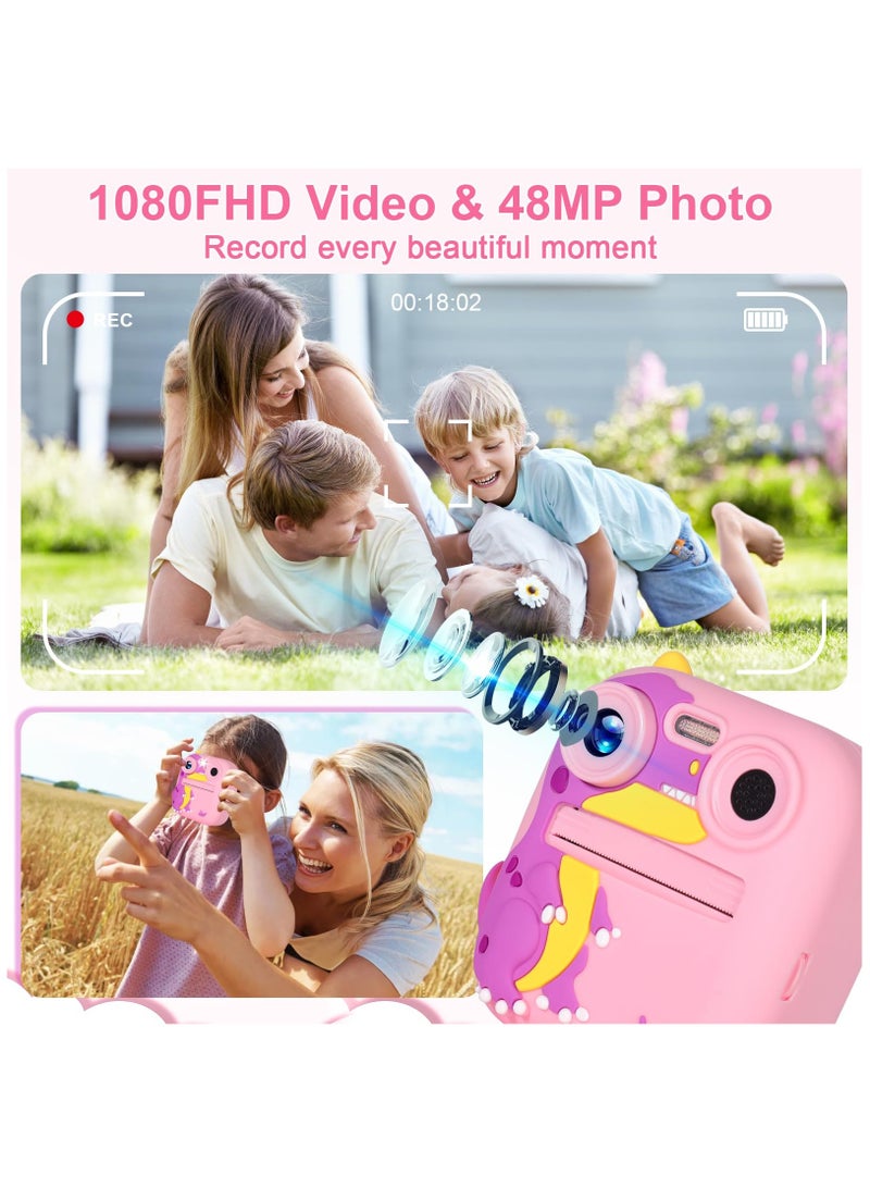 XiuWoo Children's Camera Instant Camera, HD 1080P with 4 Rolls of Printing Paper Lanyards and Bracelets, 2.4 Inch Screen Dual Lens Children's Camera Selfie Digital Camera,Pink Dinosaur - Image 3