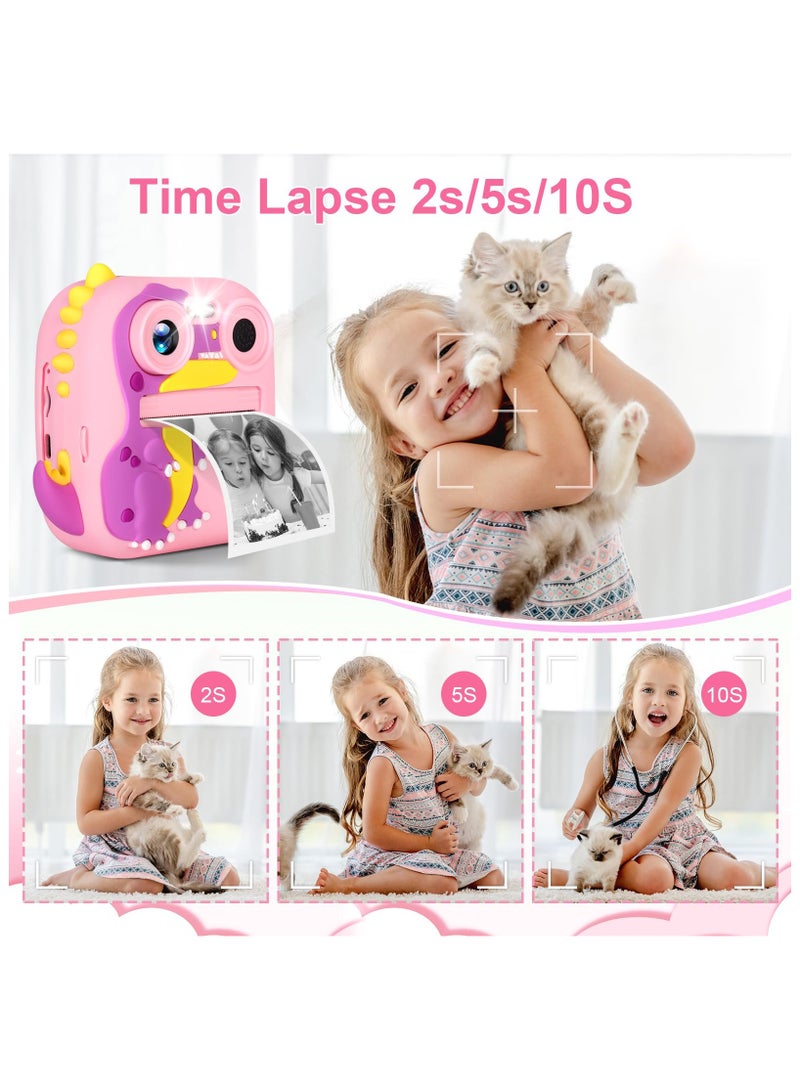 XiuWoo Children's Camera Instant Camera, HD 1080P with 4 Rolls of Printing Paper Lanyards and Bracelets, 2.4 Inch Screen Dual Lens Children's Camera Selfie Digital Camera,Pink Dinosaur - Image 4