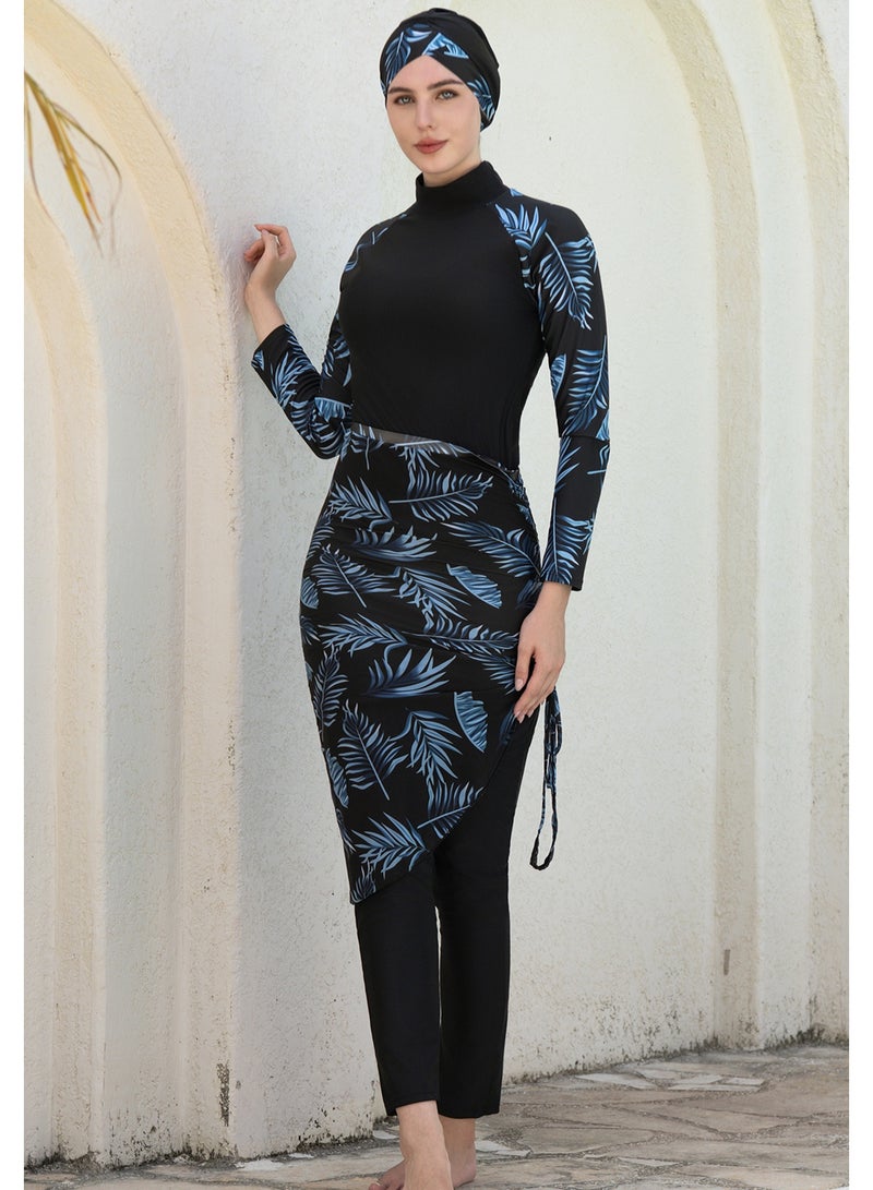 liannaner Women Modest Burkini Swimsuit 4‑Piece, Full Coverage Long Sleeve Muslim Swimwear with Hijab & Wrap Skirt, Tropical Leaf Print Conservative Bathing Suit for Swimming Beach - Image 2