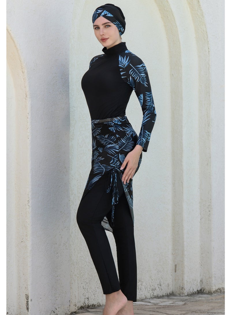 liannaner Women Modest Burkini Swimsuit 4‑Piece, Full Coverage Long Sleeve Muslim Swimwear with Hijab & Wrap Skirt, Tropical Leaf Print Conservative Bathing Suit for Swimming Beach - Image 3