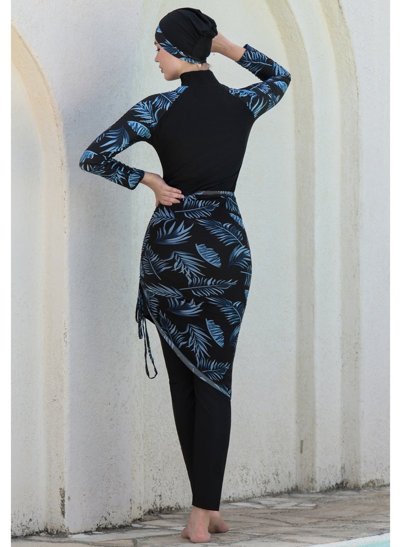 liannaner Women Modest Burkini Swimsuit 4‑Piece, Full Coverage Long Sleeve Muslim Swimwear with Hijab & Wrap Skirt, Tropical Leaf Print Conservative Bathing Suit for Swimming Beach - Image 4