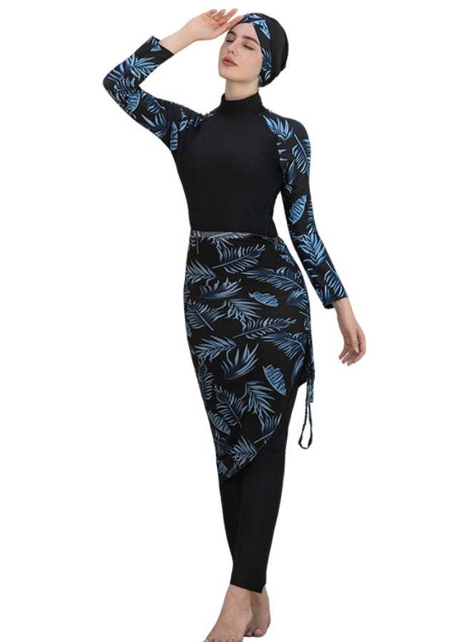 liannaner Women Modest Burkini Swimsuit 4‑Piece, Full Coverage Long Sleeve Muslim Swimwear with Hijab & Wrap Skirt, Tropical Leaf Print Conservative Bathing Suit for Swimming Beach - Image 1