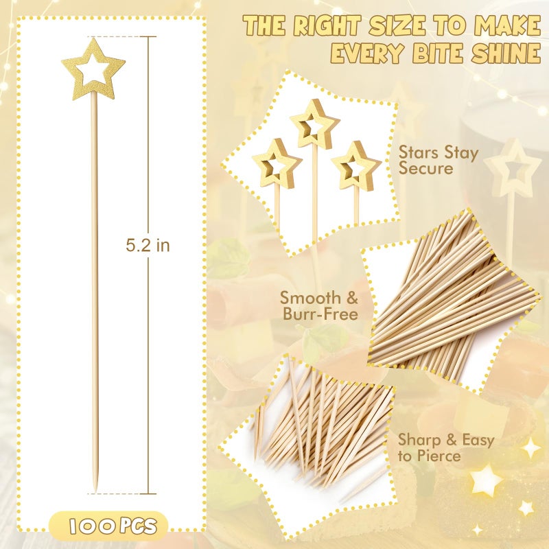 Vicuna R 100PCS Gold Star Cocktail Picks, Decorative Fancy Toothpicks for Appetizers, 5.2 Inch Long Bamboo Skewers, Wooden Garnish Sticks for Drinks Food Fruit Party Supplies Charcuterie Boards Accessories - Image 2