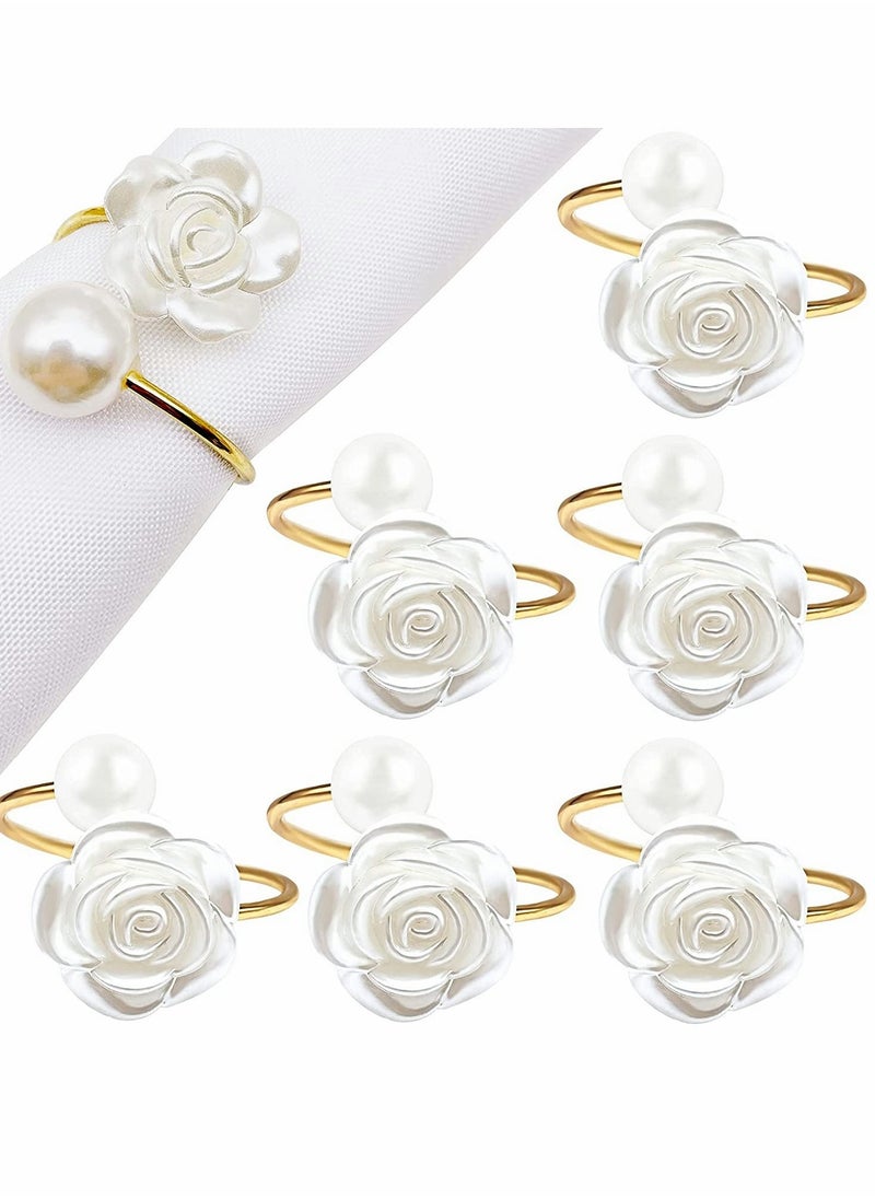 Napkin Rings, White Rose Pearl Dining Table Ring Holder, Vintage Paper Towel Rings for Valentine's Day Wedding Banquet Home Decorations (6 Pcs)  - Image 1