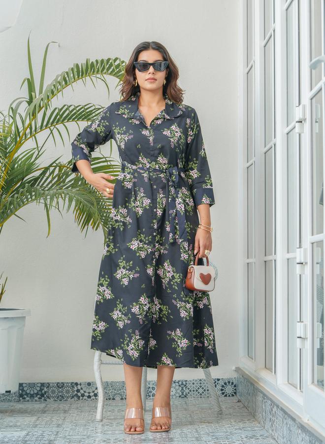 دي دبليو فستان ميدي بياقة قميص مطبوع بالزهور من - Image 1