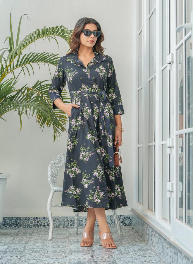 دي دبليو فستان ميدي بياقة قميص مطبوع بالزهور من - Image 2