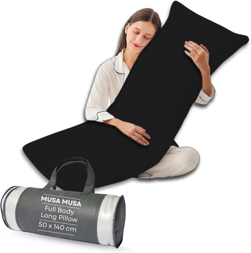 MUSA MUSA® Full Body Long Pillow - Breathable Polyester Filling, Pregnancy Pillow for Belly Support (Black, 50 x 140cm) - Image 1