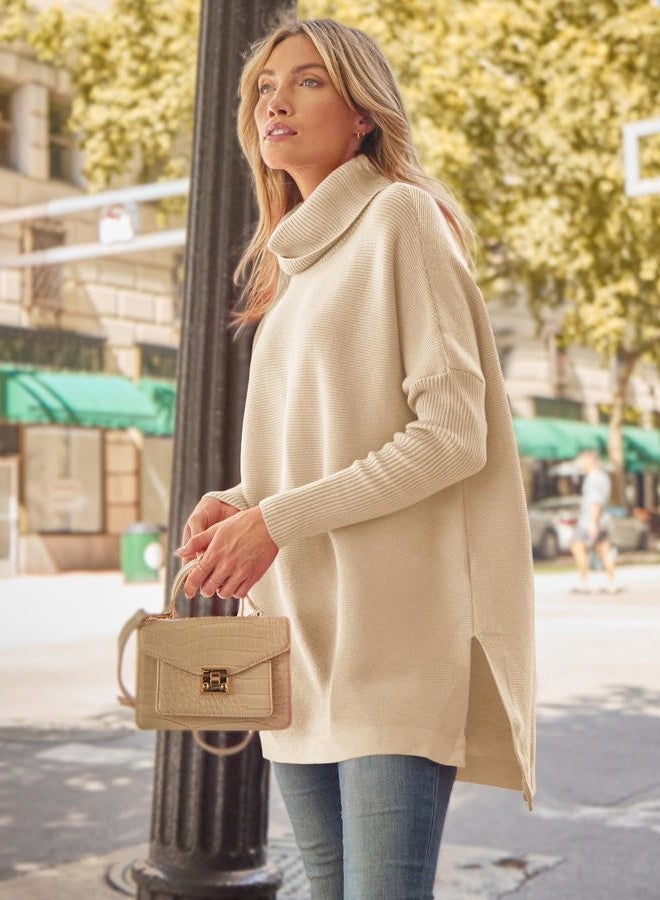 LILLUSORY Oversized Turtleneck Pullover Sweaters Womens 2024 Long Tunic Sweater Winter Trendy Casual Poncho Cowl Neck Cute Tops Dress Fall Fashion Clothes Outfits Clothing Apricot - Image 4