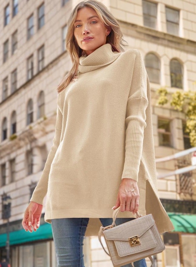 LILLUSORY Oversized Turtleneck Pullover Sweaters Womens 2024 Long Tunic Sweater Winter Trendy Casual Poncho Cowl Neck Cute Tops Dress Fall Fashion Clothes Outfits Clothing Apricot - Image 5