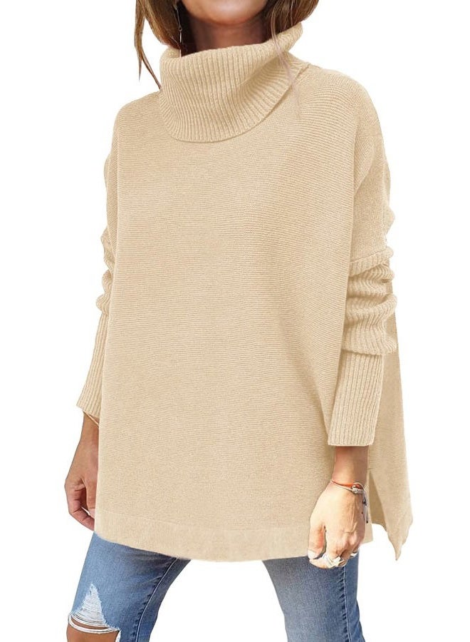 LILLUSORY Oversized Turtleneck Pullover Sweaters Womens 2024 Long Tunic Sweater Winter Trendy Casual Poncho Cowl Neck Cute Tops Dress Fall Fashion Clothes Outfits Clothing Apricot - Image 1