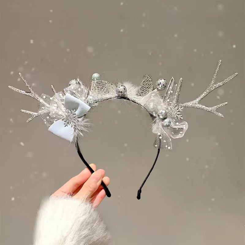 Christmas Reindeer Antlers Headband Christmas Silver Antlers Headband Xmas Bow Glitter Hair Hoop for Women Christmas Party Holiday Costume Hair Accessories