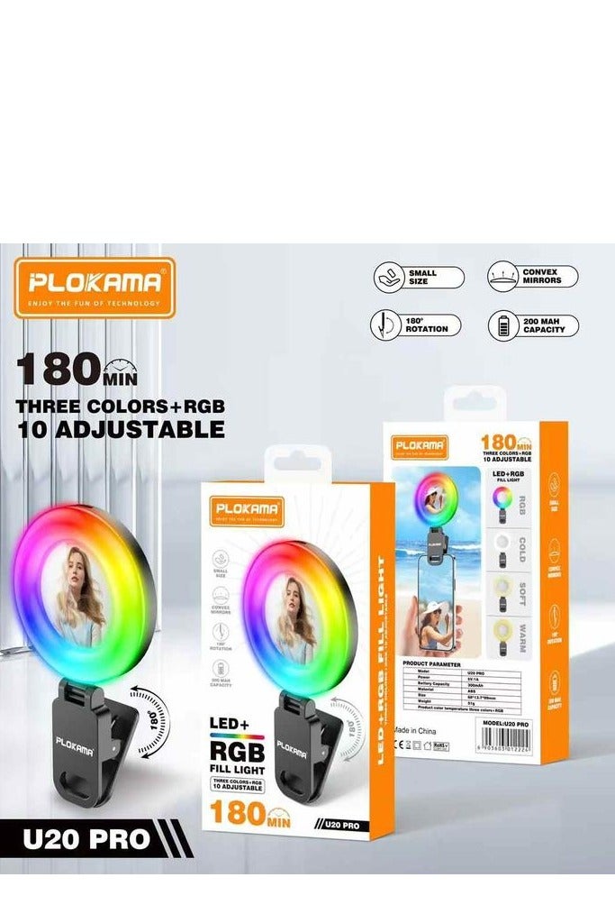 التخطيط مرآة سيلفي PLOKAMA U20 PRO حلقة مصباح LED RGB صغير ضوء ملء فيديو إضاءة منشئ المحتوى ضوء سيلفي لهاتف الهاتف المحمول مشبك التثبيت - أسود - Image 1