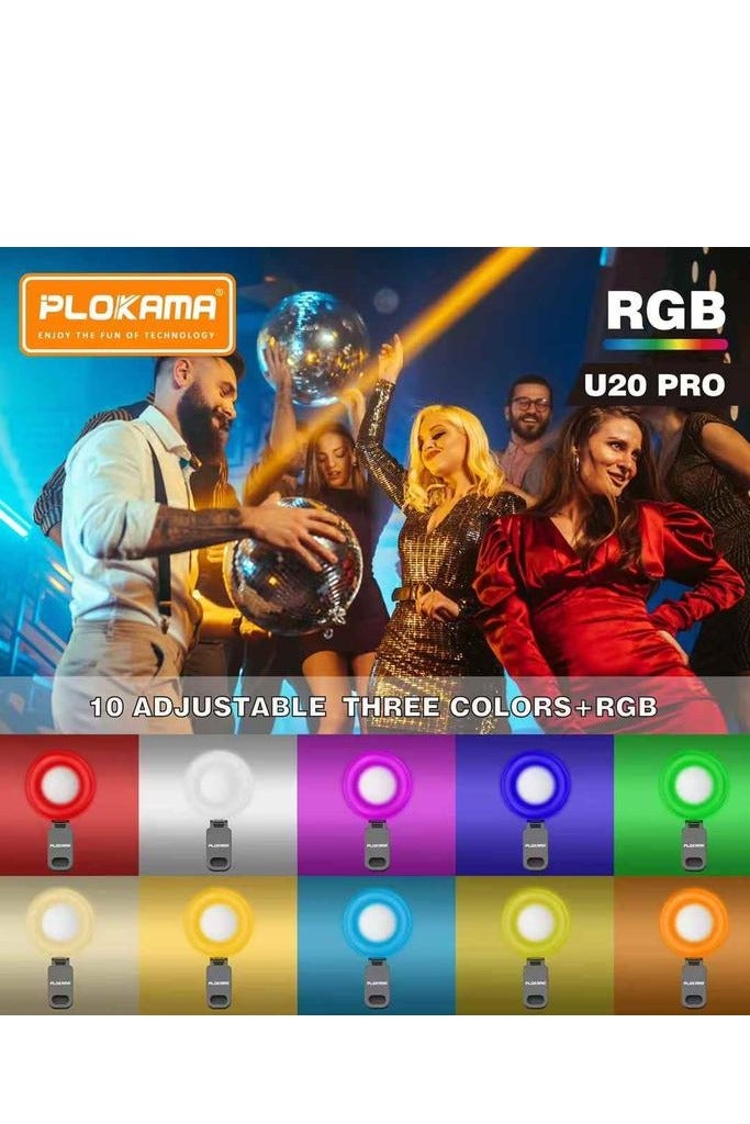 التخطيط مرآة سيلفي PLOKAMA U20 PRO حلقة مصباح LED RGB صغير ضوء ملء فيديو إضاءة منشئ المحتوى ضوء سيلفي لهاتف الهاتف المحمول مشبك التثبيت - أسود - Image 2