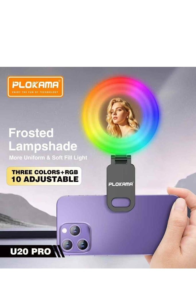 التخطيط مرآة سيلفي PLOKAMA U20 PRO حلقة مصباح LED RGB صغير ضوء ملء فيديو إضاءة منشئ المحتوى ضوء سيلفي لهاتف الهاتف المحمول مشبك التثبيت - أسود - Image 3