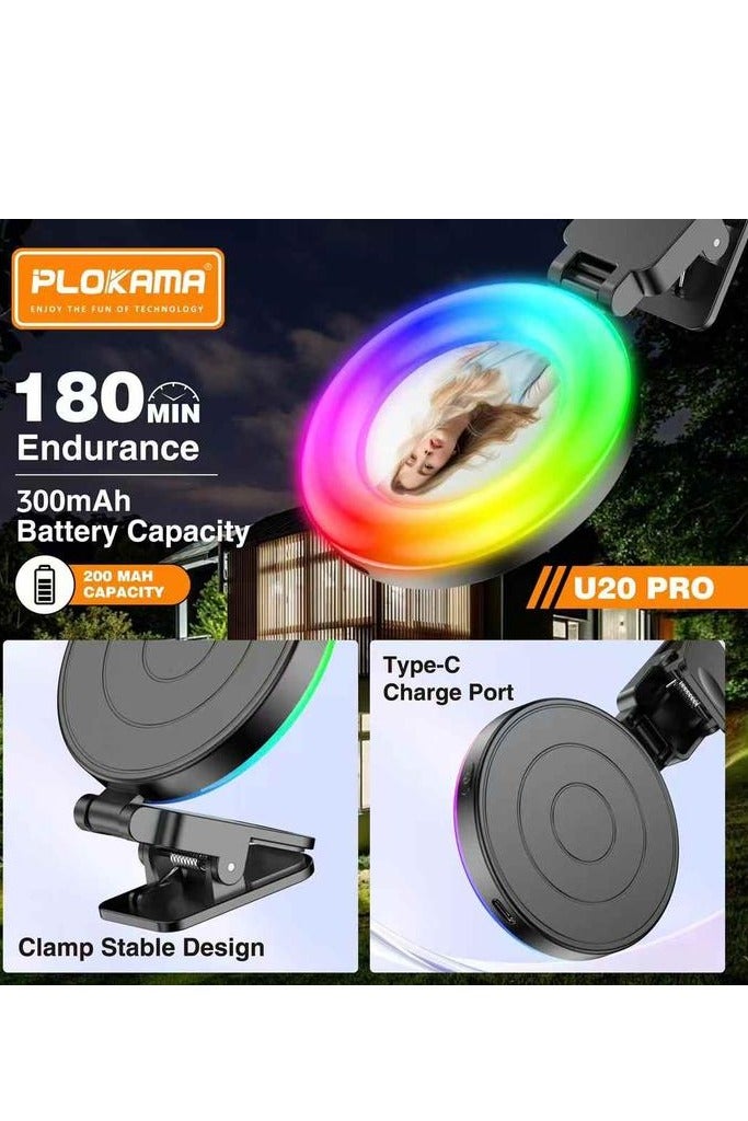 التخطيط مرآة سيلفي PLOKAMA U20 PRO حلقة مصباح LED RGB صغير ضوء ملء فيديو إضاءة منشئ المحتوى ضوء سيلفي لهاتف الهاتف المحمول مشبك التثبيت - أسود - Image 4