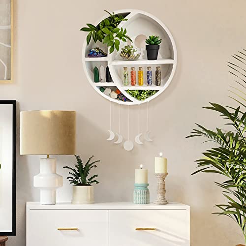 Ella & Emma 5-Shelf Pine Wooden Crescent Moon Crystal Shelf - Bohemian Style, Wall Mount, Bedroom, Living Room, Office - Image 2