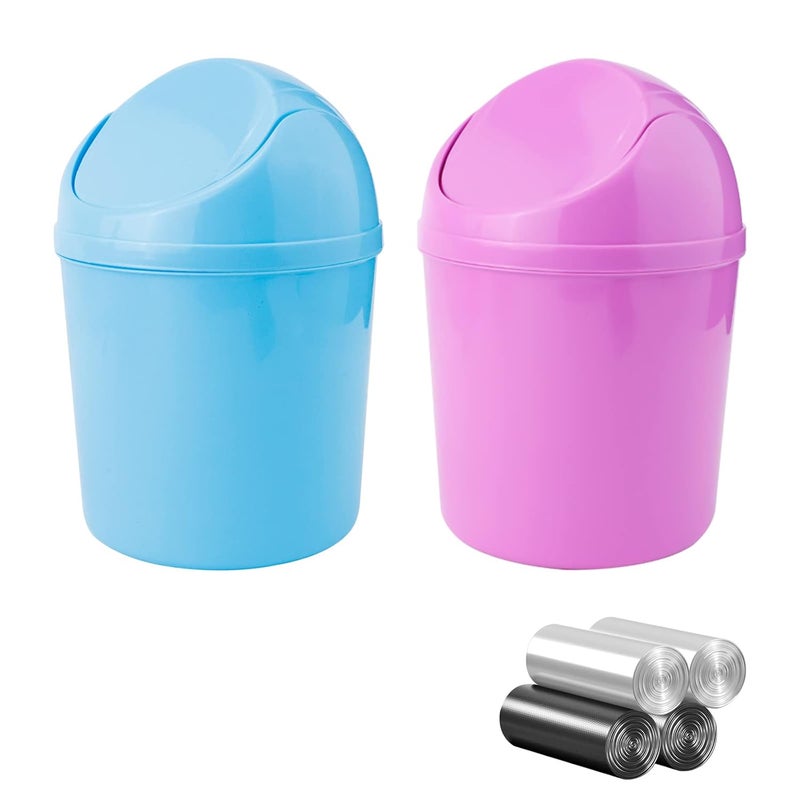 SITAKE 2 Pcs Plastic Mini Wastebasket Trash Can with Swing Lid with 120 Trash Bags, Tiny Desktop Waste Garbage Bin for Home, Office, Kitchen, Vanity Tabletop, Bedroom, Bathroom (Blue + Purple) - Image 1