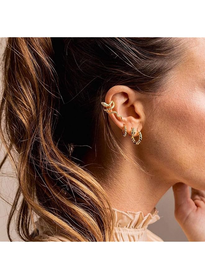 إيروريكس أقراط أذن ذهبية أنيقة على شكل ثعبان فريدة من نوعها غير مثقوبة مصنوعة يدويًا بتصميم لف سميك أقراط أذن أنيقة للنساء - Image 3
