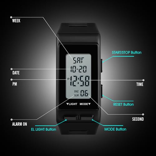 Reginald Watches for Men Digital Sports Black Rectangular Watches Waterproof EL Light Screen Large Face Military Luminous Stopwatch Alarm Clock Outdoor Watch (Black) - Image 5