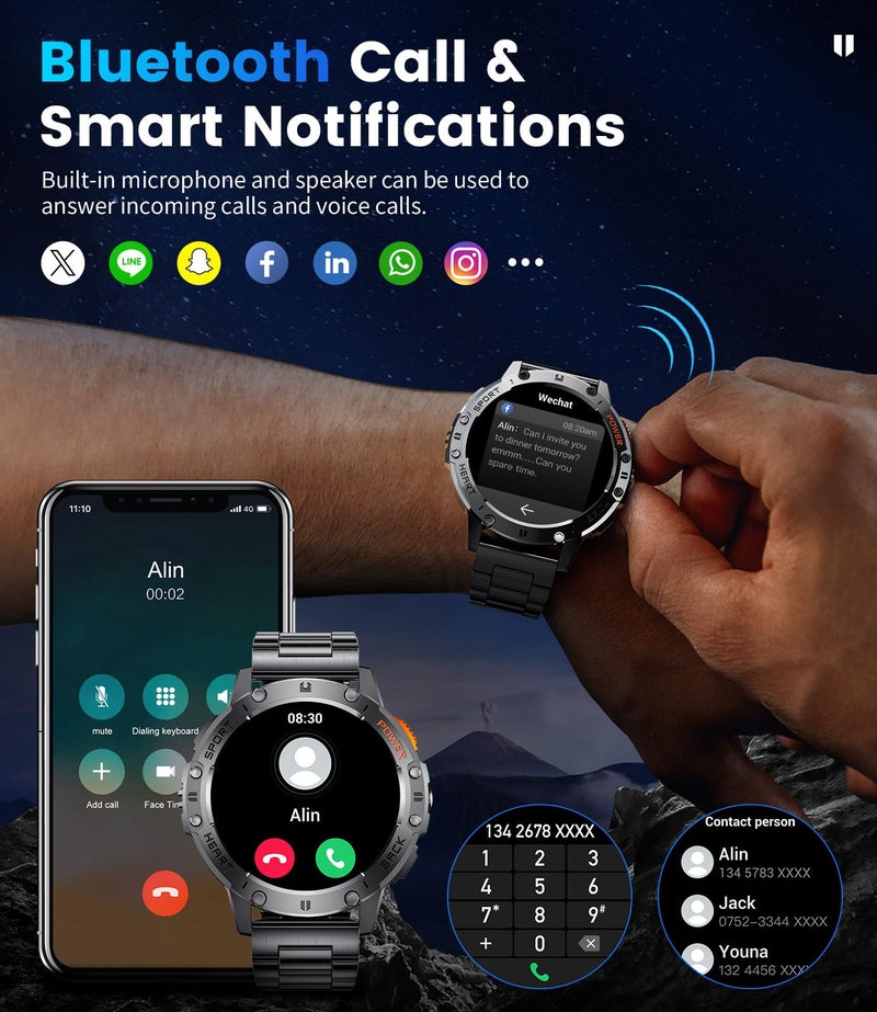 LIGE 1.43" AMOLED Smart Watch for Men with Flashlight, Bluetooth Calling, 100+ Sport Modes, 530mAh, IP68 Waterproof Fitness Tracker for Workout, iOS Android Compatible, Black Steel Camouflage Silicone - Image 4