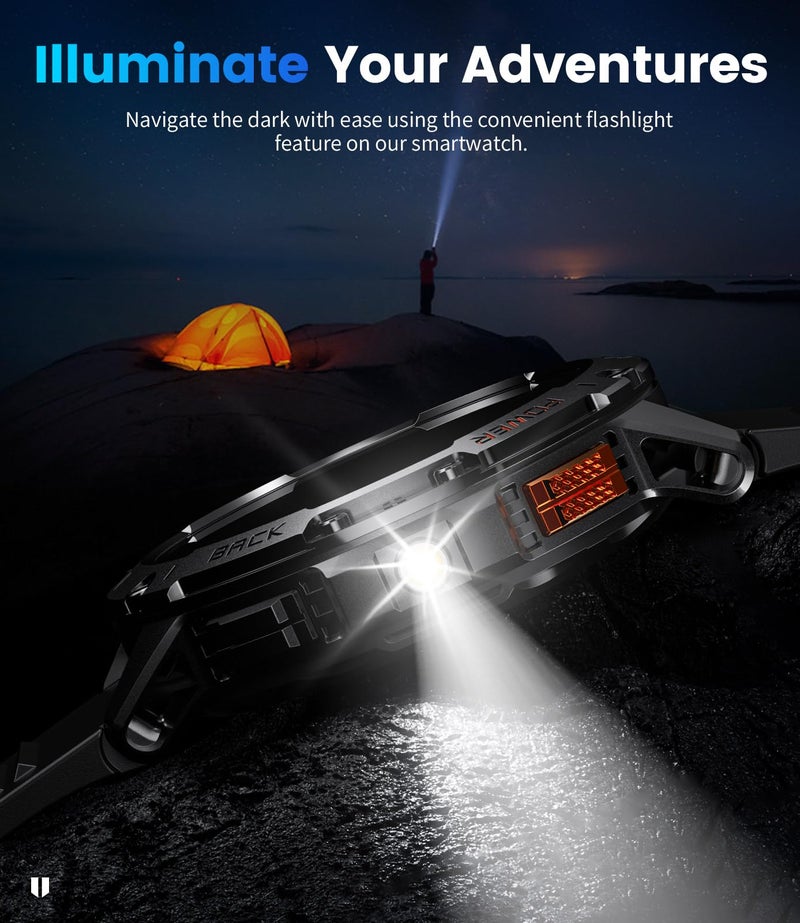 LIGE 1.43" AMOLED Smart Watch for Men with Flashlight, Bluetooth Calling, 100+ Sport Modes, 530mAh, IP68 Waterproof Fitness Tracker for Workout, iOS Android Compatible, Black Steel Camouflage Silicone - Image 3