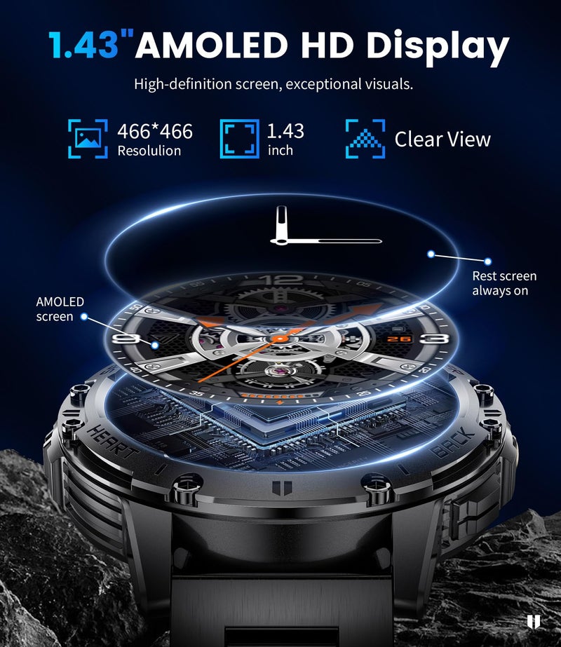 LIGE 1.43" AMOLED Smart Watch for Men with Flashlight, Bluetooth Calling, 100+ Sport Modes, 530mAh, IP68 Waterproof Fitness Tracker for Workout, iOS Android Compatible, Black Steel Camouflage Silicone - Image 5