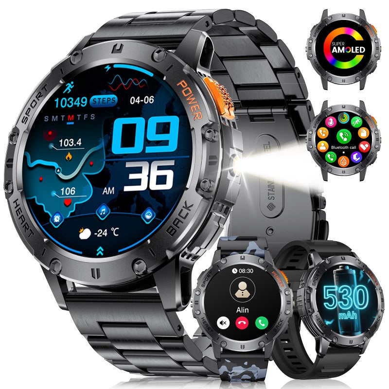 LIGE 1.43" AMOLED Smart Watch for Men with Flashlight, Bluetooth Calling, 100+ Sport Modes, 530mAh, IP68 Waterproof Fitness Tracker for Workout, iOS Android Compatible, Black Steel Camouflage Silicone - Image 1