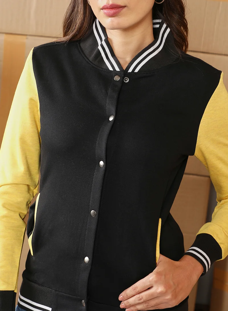 Campus Sutra Women's Lemon Yellow  & Onyx Black Block Bomber Jacket
