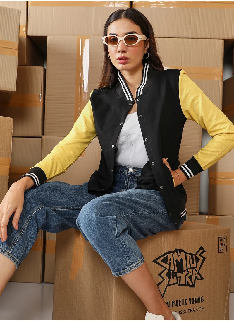 Campus Sutra Women's Lemon Yellow  & Onyx Black Block Bomber Jacket